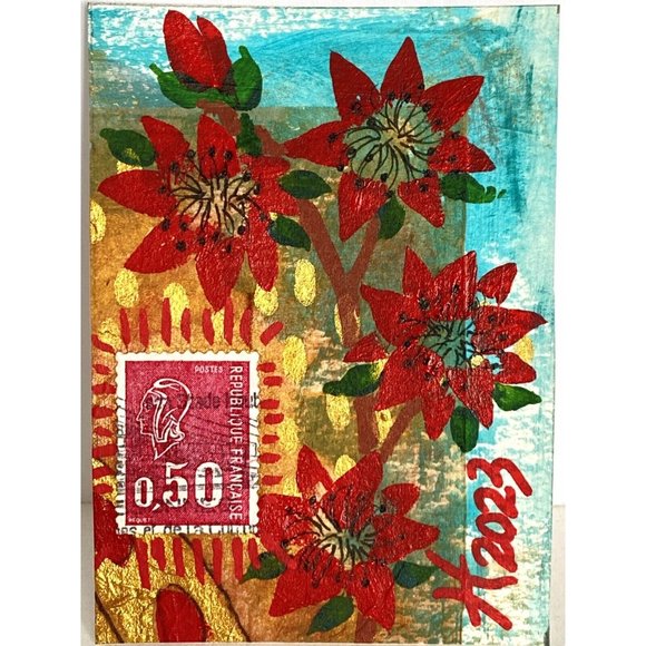 ACEO Original Acrylic Painting France Postage Stamp Art Tristina Dietz Elmes ATC - Picture 2 of 3